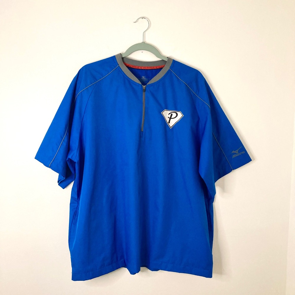 Mizuno Performance Baseball Batting Cage Jacket Large Blue 1/4 Zip Short Sleeve